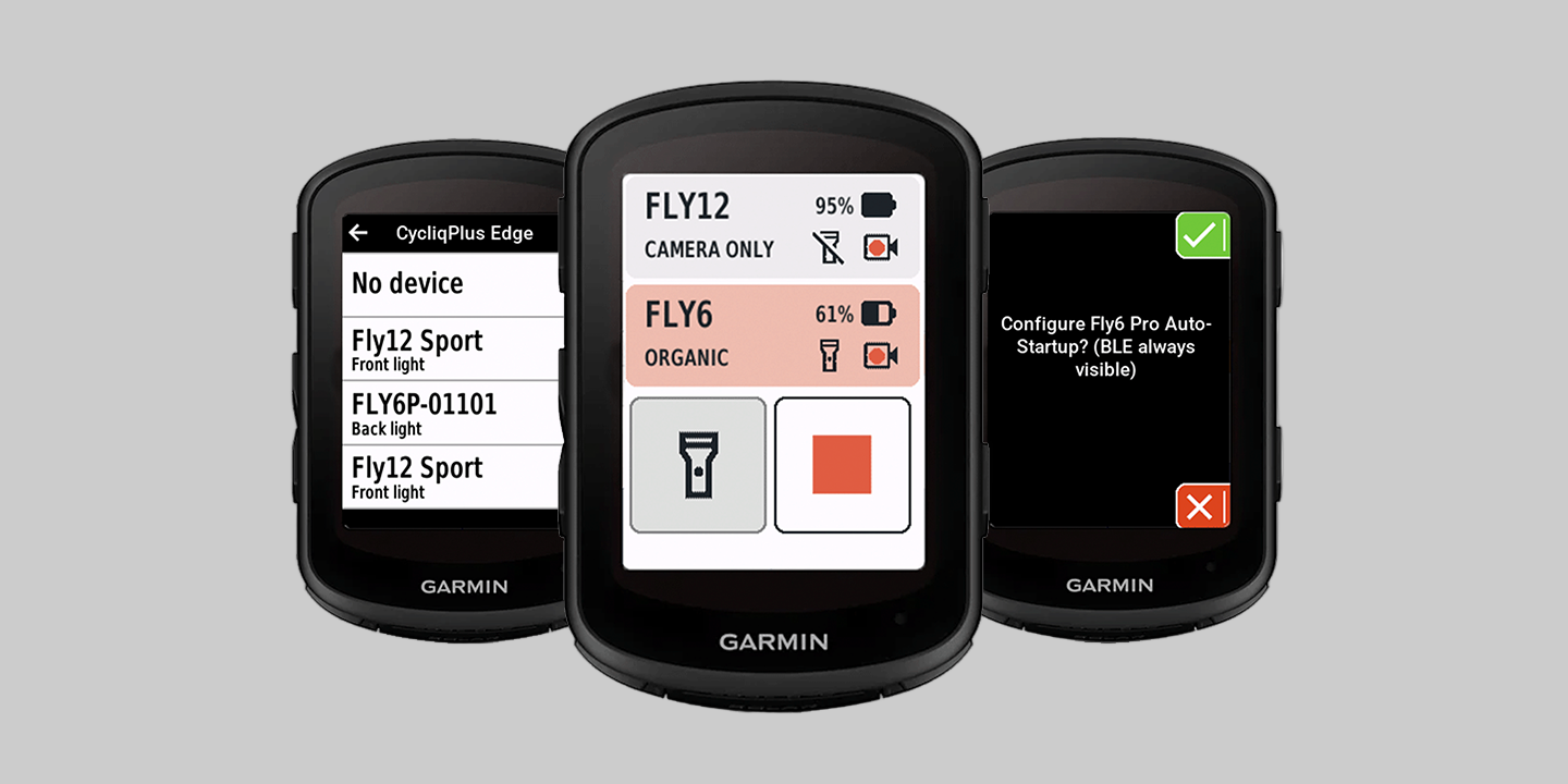 Three Garmin devices displaying different screens on a white background